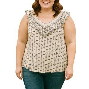 Faded Glory Size XL Sleeveless Ruffle V-Neck Top Black Floral Print Lace Detail